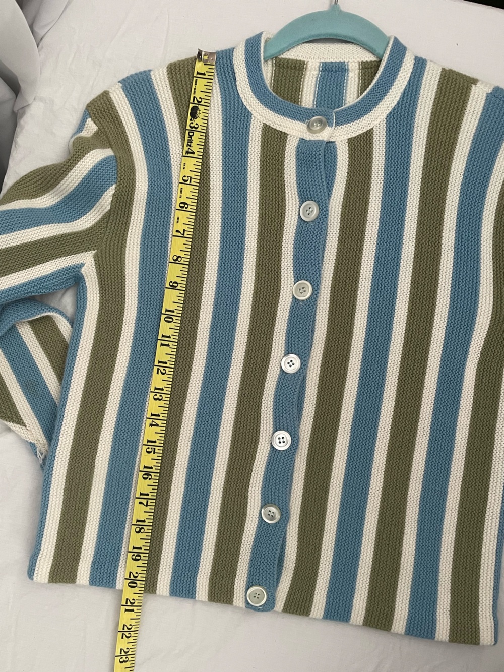 Vintage 60s Striped Crewneck Sweater Cardigan - Blue, Avocado Green & Cream - Picture 4 of 8